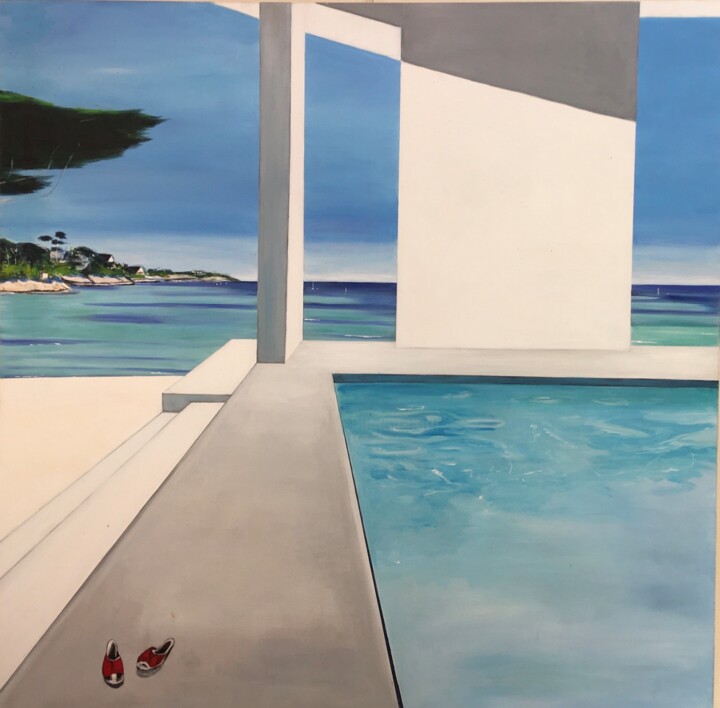 Painting titled "piscine, côte breto…" by Hortense Fortin, Original Artwork, Acrylic Mounted on Wood Stretcher frame
