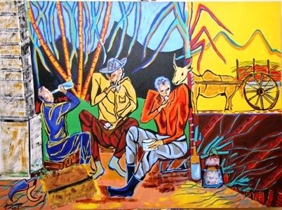 Peinture intitulée "cane cutters having…" par Said Aniff Hossanee, Œuvre d'art originale
