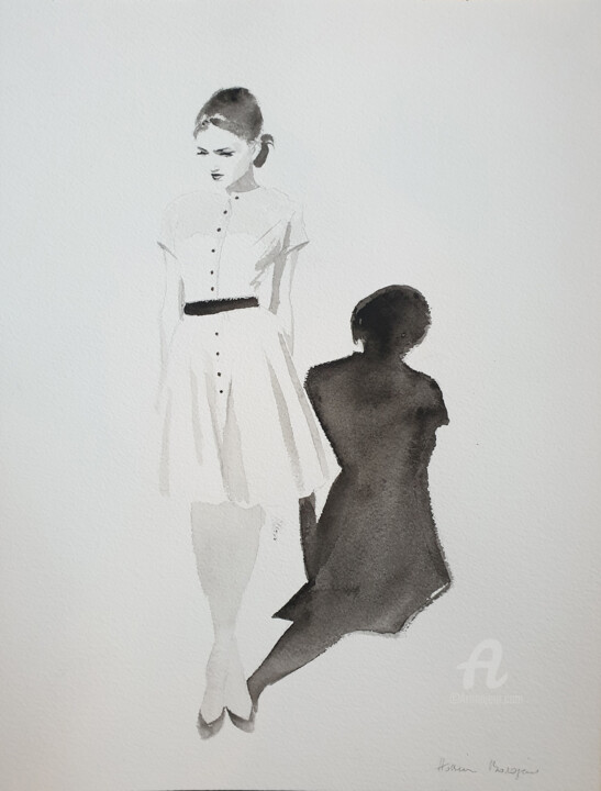 Peinture intitulée "La petite robe blan…" par Hossein Borojeni, Œuvre d'art originale, Aquarelle