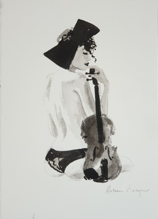 Painting titled "Violon d'Ingres" by Hossein Borojeni, Original Artwork, Watercolor