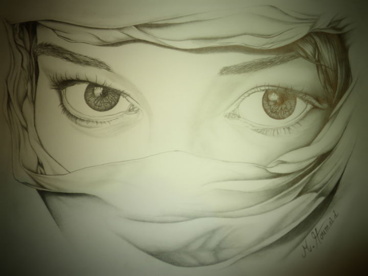 Dessin intitulée "eyes Arab girl" par Houmaid Mohamed, Œuvre d'art originale, Crayon