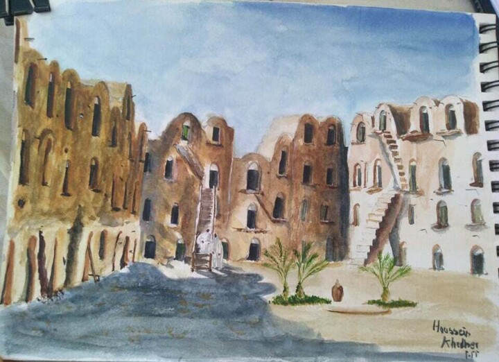 Painting titled "Ksar Ouled Soltane" by Houssein Kh, Original Artwork, Watercolor