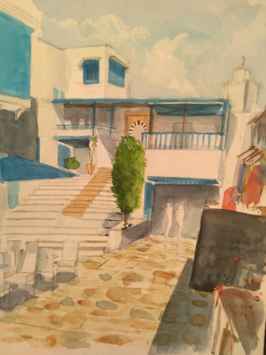 Painting titled "Sidi Bousaid" by Houssein Kh, Original Artwork, Watercolor
