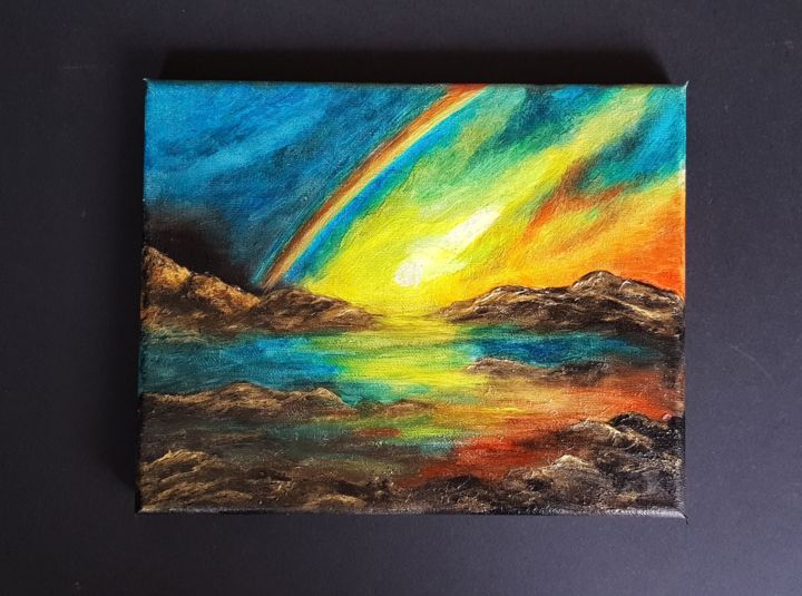 Schilderij getiteld "Rainbow Mountain" door Ghazal Artist Harpreet Kaur, Origineel Kunstwerk, Olie