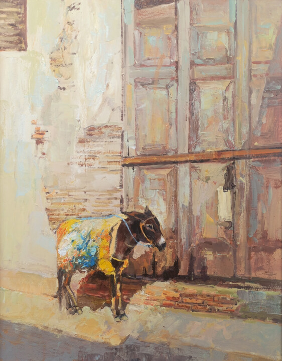 Painting titled "A Moment's Rest" by Hrach Baghdasaryan, Original Artwork, Oil Mounted on Wood Stretcher frame