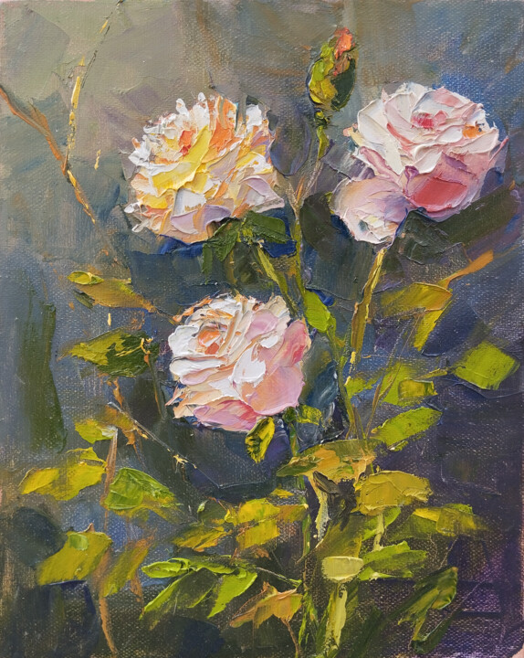 Painting titled "Morning Rose Sympho…" by Hrach Baghdasaryan, Original Artwork, Oil Mounted on Wood Stretcher frame