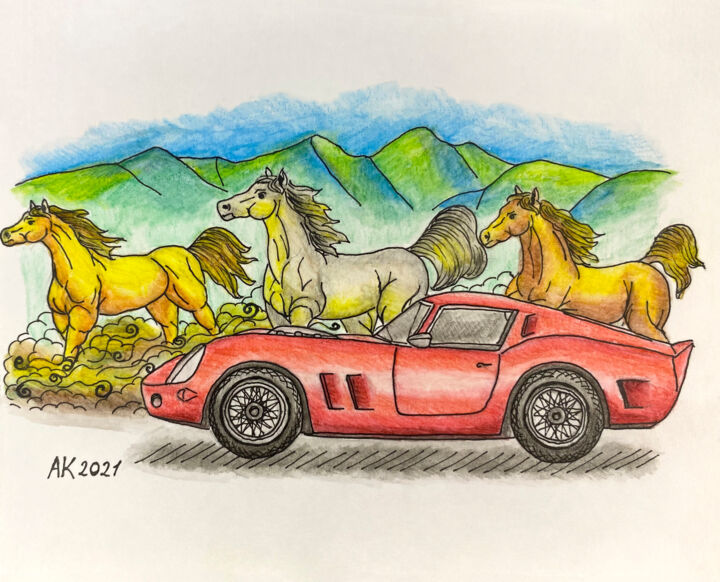 Drawing titled "Car & Horses" by Anastasia Kurganova, Original Artwork, Watercolor