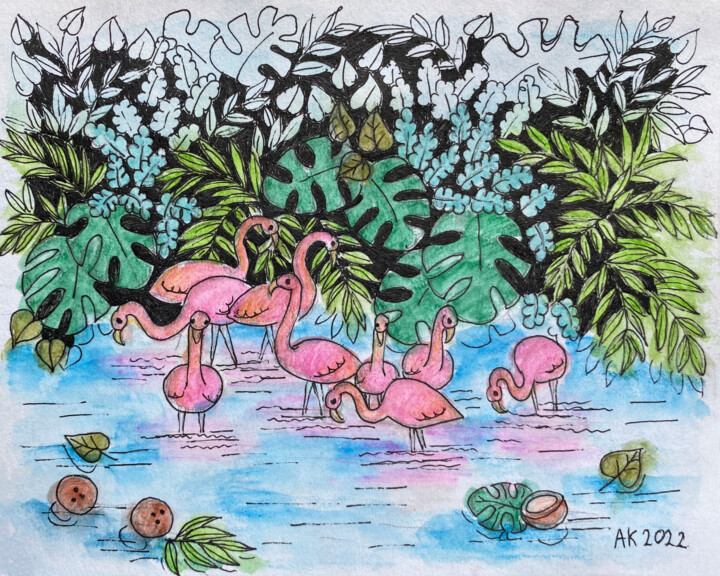 Malerei mit dem Titel "Flamingos Tropics" von Anastasia Kurganova, Original-Kunstwerk, Aquarell