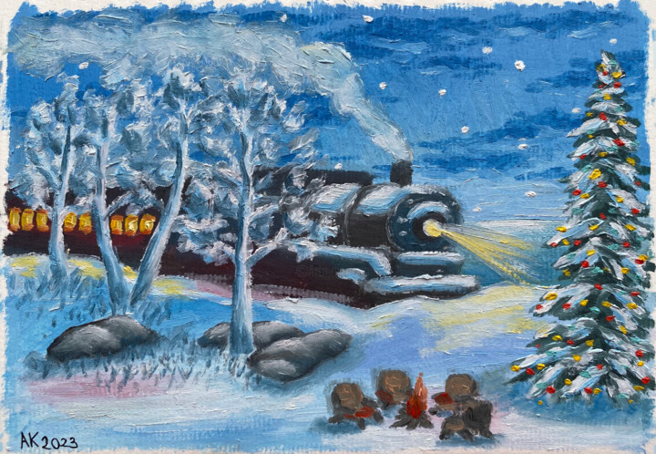 Pittura intitolato "Holiday Train" da Anastasia Kurganova, Opera d'arte originale, Olio