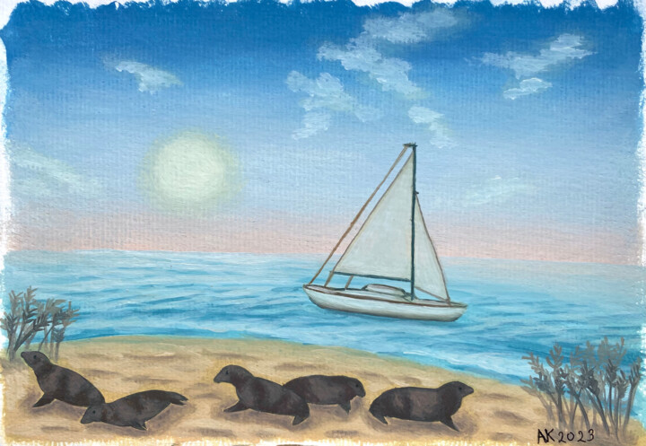 Malarstwo zatytułowany „Seal Beach” autorstwa Anastasia Kurganova, Oryginalna praca, Olej