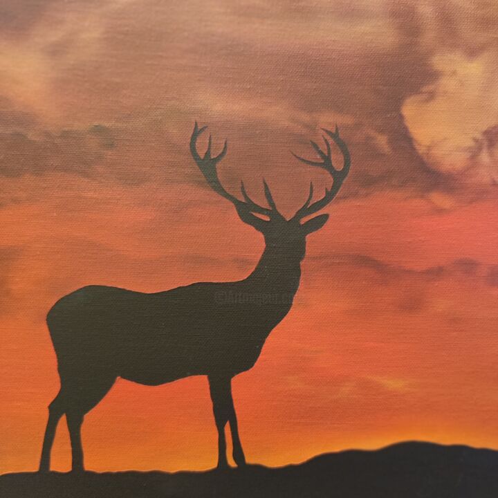 Drawing titled "Deer at sunset" by Hristiyana Ilieva, Original Artwork, Airbrush