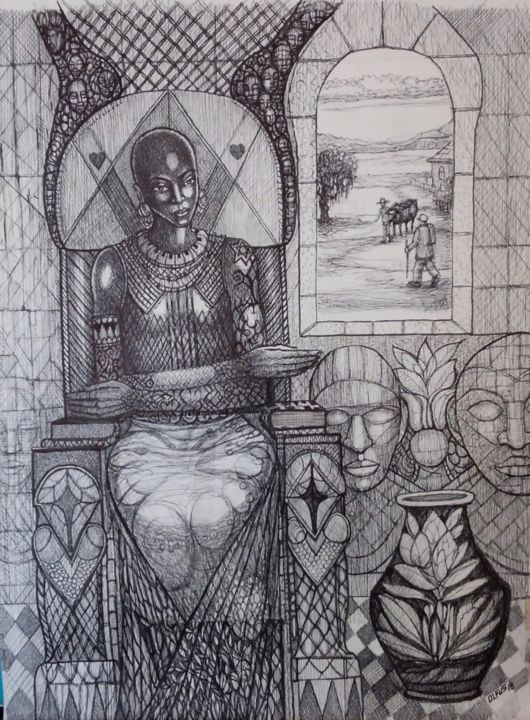 Tekening getiteld "Queen of Hearts" door Olfus, Origineel Kunstwerk, Inkt