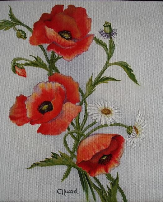 Painting titled "COQUELICOTS et Marg…" by Catherine Huard, Original Artwork, Oil