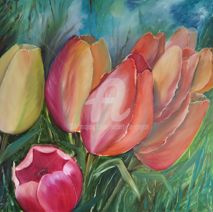 Painting titled "Les tulipes" by Hubert De Guyon, Original Artwork, Oil
