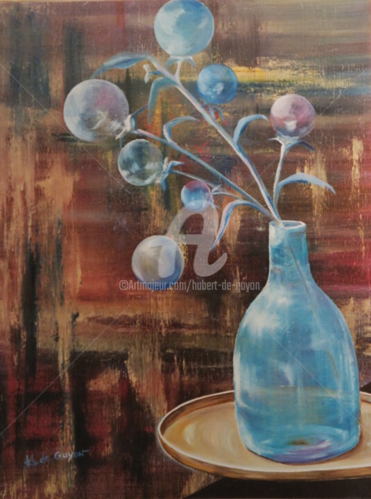 Painting titled "les-bulles-bleues." by Hubert De Guyon, Original Artwork, Oil