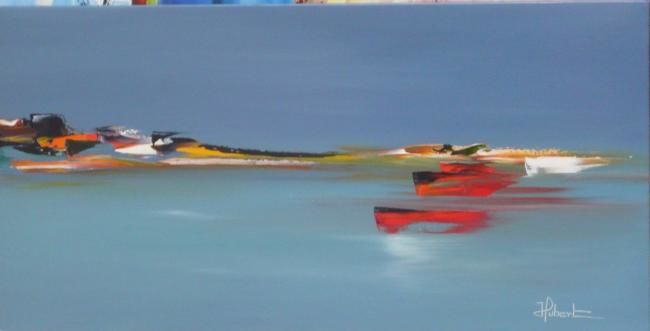 Painting titled "3 barques rouges" by Hubert, Original Artwork