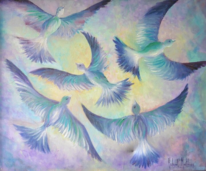 Painting titled "Pigeons Chorégraphi…" by Hubert Mathieu, Original Artwork, Oil