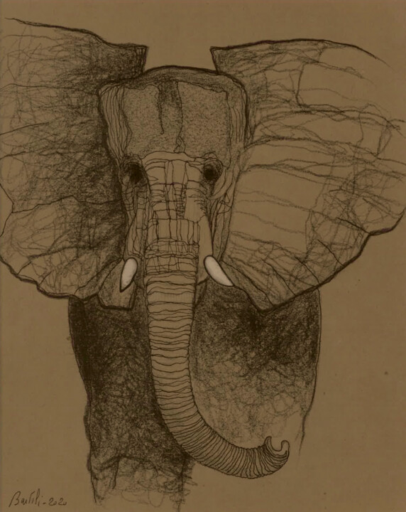 Dibujo titulada "Elephant" por Hugo Bartoli, Obra de arte original, Carbón