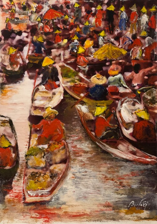 Pintura titulada "Marché flottant vie…" por Hugo Bartoli, Obra de arte original, Oleo