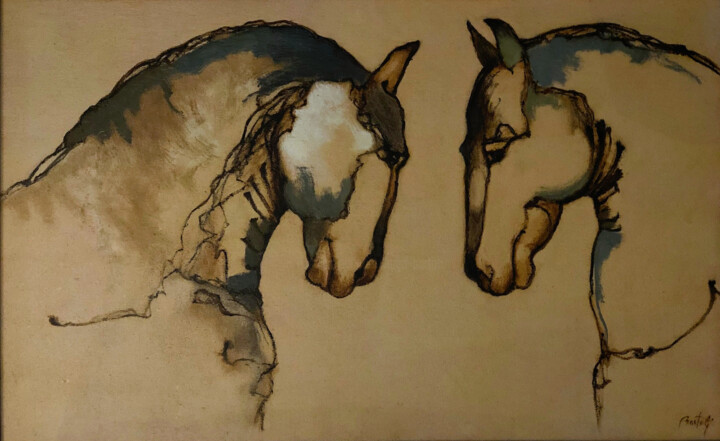 Картина под названием "Deux chevaux" - Hugo Bartoli, Подлинное произведение искусства, Масло