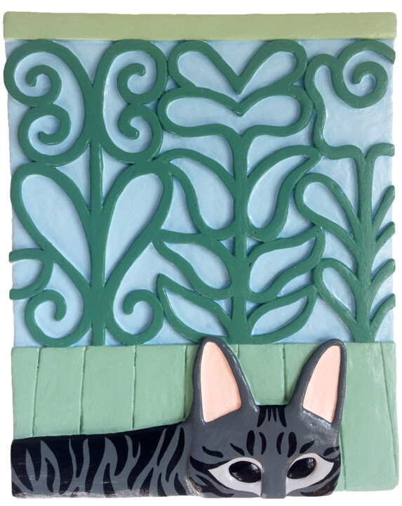 Pintura intitulada "Lá está o gato, à j…" por Hugo Castilho, Obras de arte originais, Gesso Montado em Armação em madeira