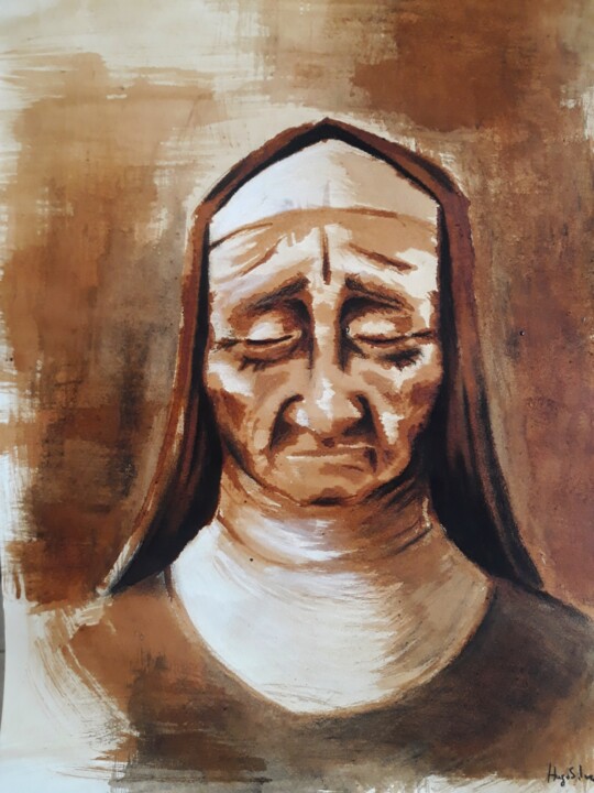 Malerei mit dem Titel "Nun" von Hugo Silva, Original-Kunstwerk, Kohle