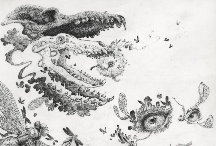 Zeichnungen mit dem Titel "Jaws and flies" von Hugo Simon, Original-Kunstwerk, Tinte Auf Karton montiert