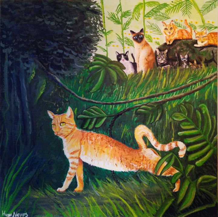 Painting titled "Gatos na Floresta" by Hugo Neves, Original Artwork, Oil