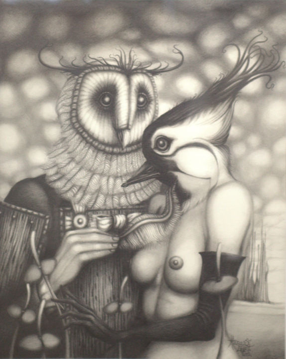 제목이 "La plume d'Eros"인 그림 Hugues Gillet로, 원작, 연필