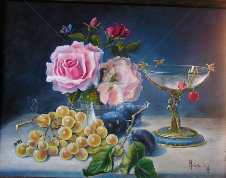 Painting titled "ROSES A LA COUPE" by Hugues Mardelle, Original Artwork, Oil