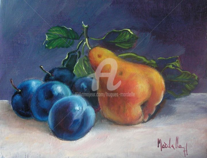 Painting titled "prunes-et-poires-20…" by Hugues Mardelle, Original Artwork, Oil