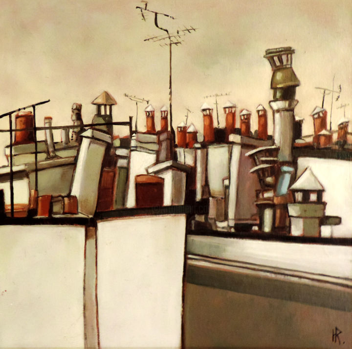 Peinture intitulée "Sur les toits" par Hugues Renck, Œuvre d'art originale, Huile