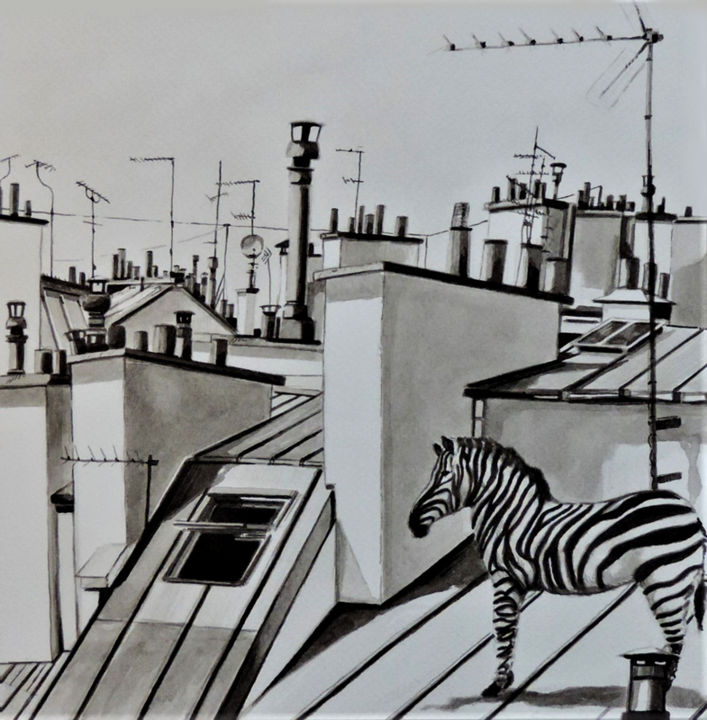 제목이 "Zèbre, antennes et…"인 그림 Hugues Renck로, 원작, 잉크