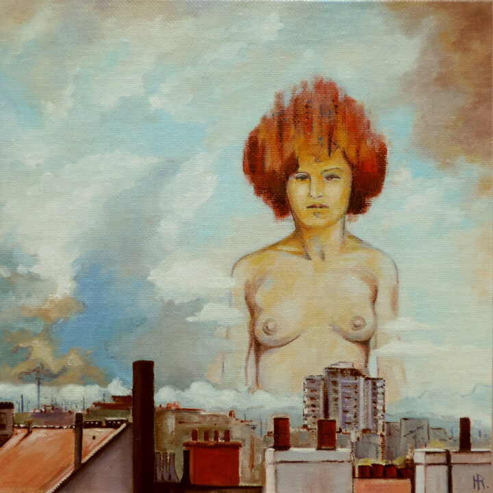 Peinture intitulée "La géante aux cheve…" par Hugues Renck, Œuvre d'art originale, Huile