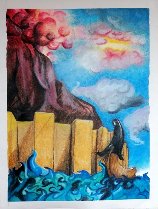 Dibujo titulada "Charon sur le Styx" por Hugues Wartelle, Obra de arte original, Pastel