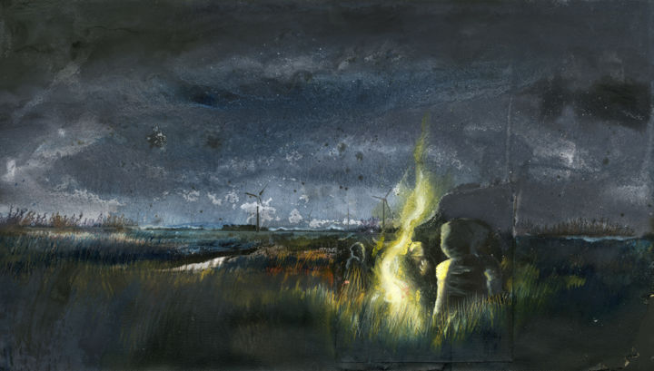 Ζωγραφική με τίτλο "Steppe nuit 2" από Hugues Breton, Αυθεντικά έργα τέχνης, Ακουαρέλα