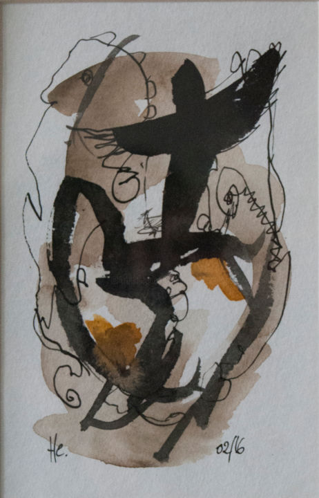 Peinture intitulée "envol1 14x8cm" par Hugues Chamagne, Œuvre d'art originale, Encre