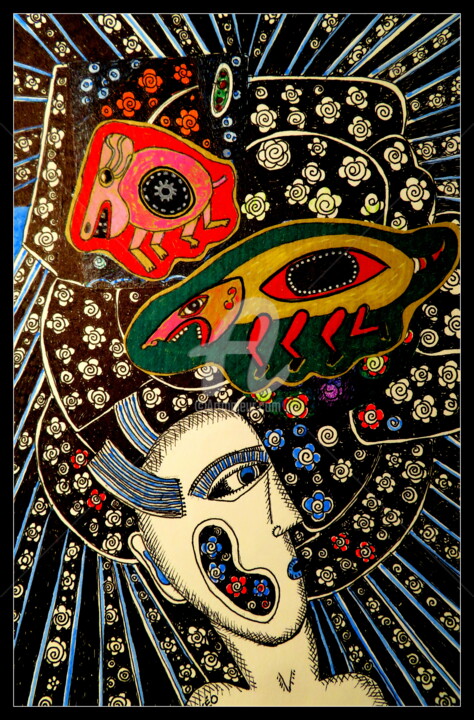 Dessin intitulée "cauchemars traqueurs" par Huguette Le Queau, Œuvre d'art originale, Encre