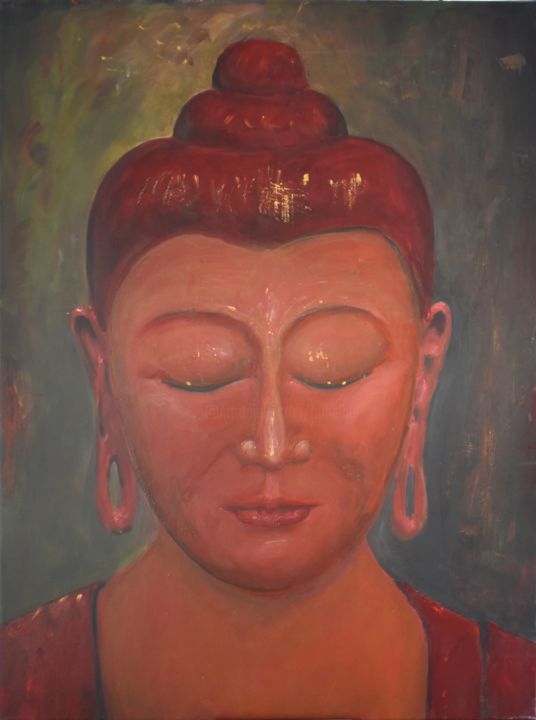 Painting titled "Bouddha en Rouge.jpg" by Hu Hei Bei, Original Artwork, Acrylic Mounted on Wood Stretcher frame