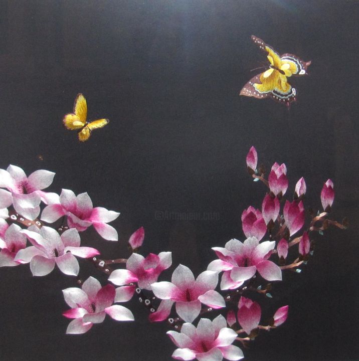 Flowers And Butterflies Silk Embroidery , Painting by Huifen Yao 