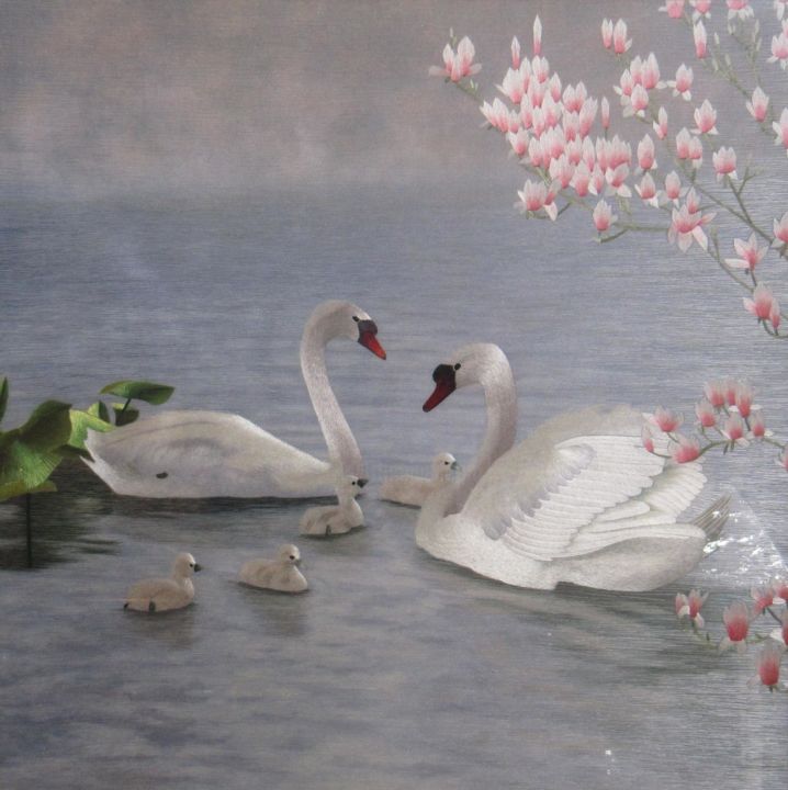 Painting titled "Swans" by Huifen Yao, Original Artwork, Other