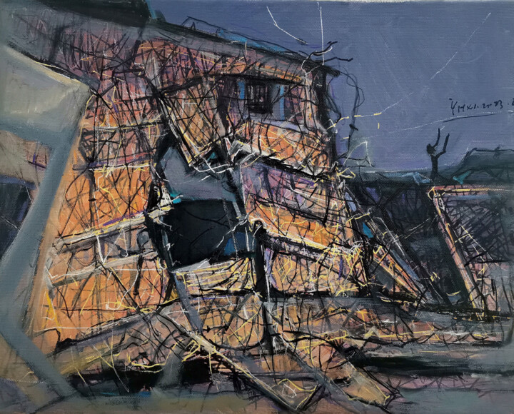 Painting titled "《恐怖的风景》" by Huixi Yu, Original Artwork, Pigments