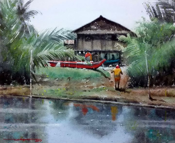 Painting titled ""Break Time"" by Gieward Hulagno, Original Artwork, Watercolor