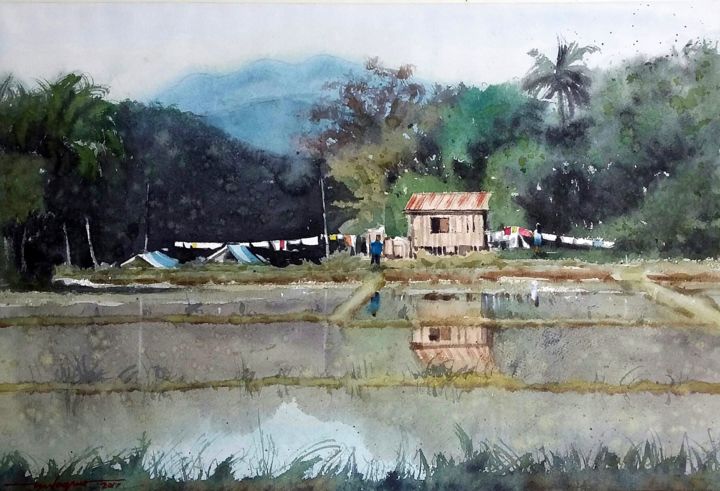Painting titled ""Laundry Day"" by Gieward Hulagno, Original Art, Watercolor