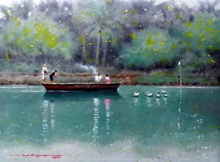 Painting titled ""River Life"" by Gieward Hulagno, Original Artwork, Watercolor