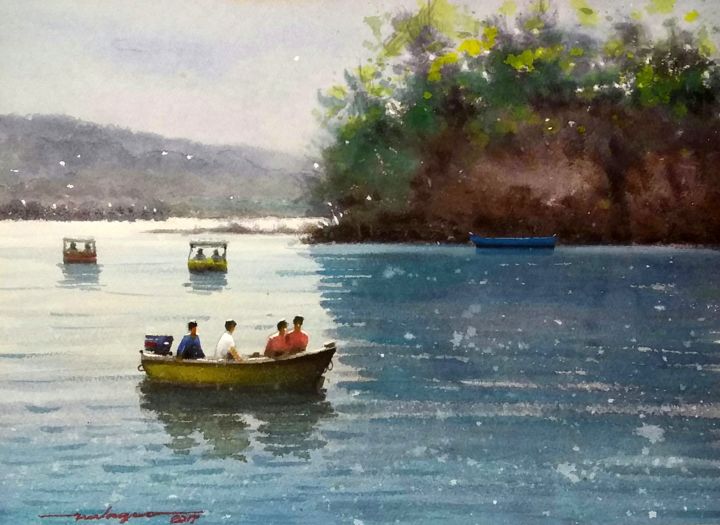 Painting titled ""Sunday Boating"" by Gieward Hulagno, Original Art, Watercolor