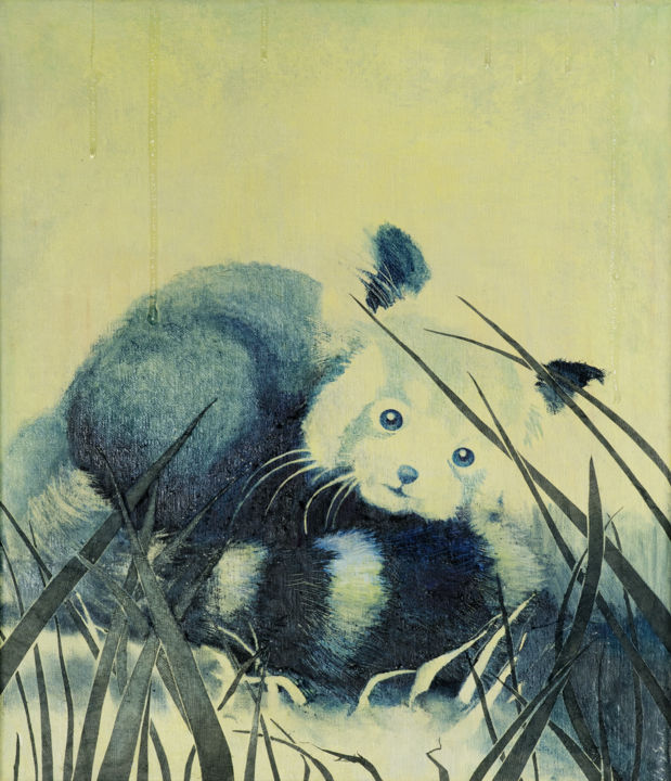 Painting titled "panda bleu" by Hung-Sook, Original Artwork, Oil
