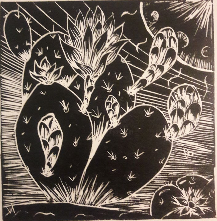 Gravures & estampes intitulée "Moon flower" par Hurakan, Œuvre d'art originale, Linogravures