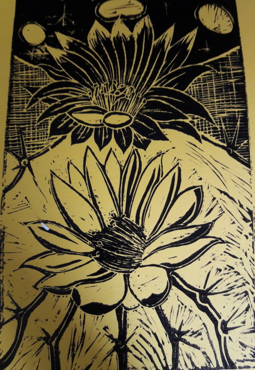 Gravures & estampes intitulée "Cactus" par Hurakan, Œuvre d'art originale, Linogravures