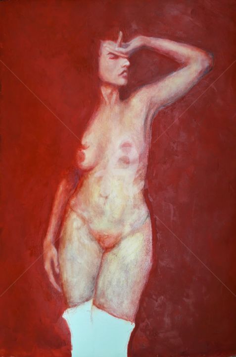 Painting titled "Nude in red" by Husnu Konuk, Original Artwork, Oil